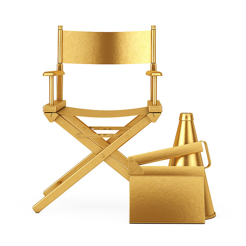 黄金导演椅子，电影拍板和扩音器。3d渲染