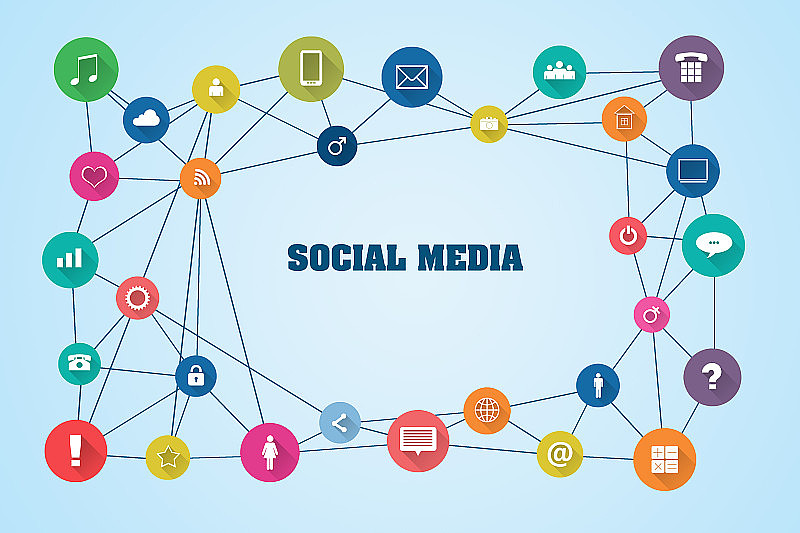 社交媒体概念。蓝色背景上的不同社交图标。社会媒体背景。