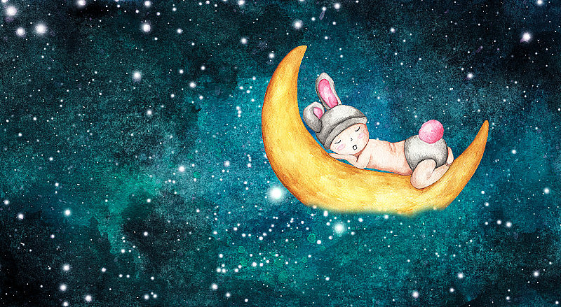 可爱的小婴儿在月亮上睡觉。水彩插图