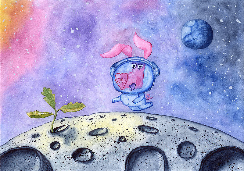 穿着太空服的猪在月球上找到了新生命，用水彩手绘。