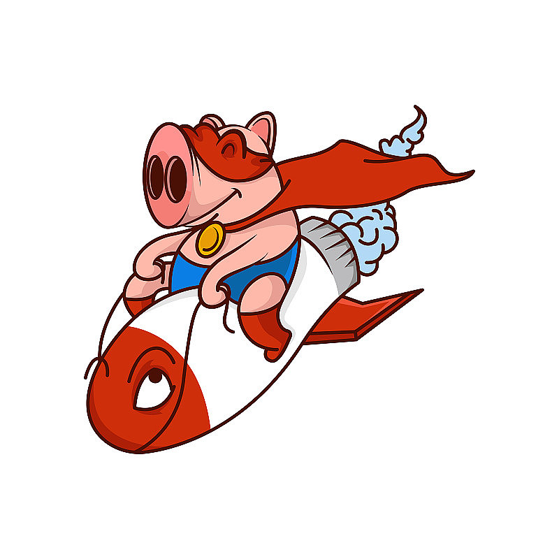微笑的猪超级英雄在火箭上飞行。滑稽的农场动物穿着红色斗篷和面具。卡通向量设计