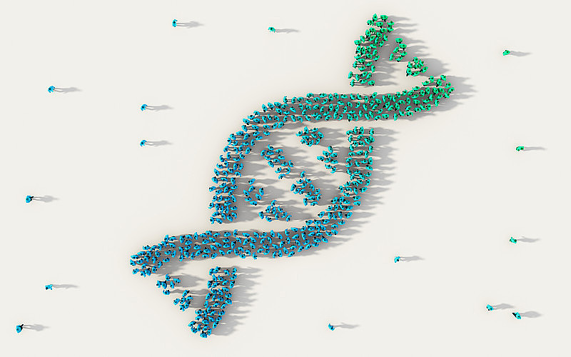 一大群人在白色背景上形成DNA、螺旋状的社会媒体模型医学符号和社区概念。人群图的3d符号从上面聚集在一起