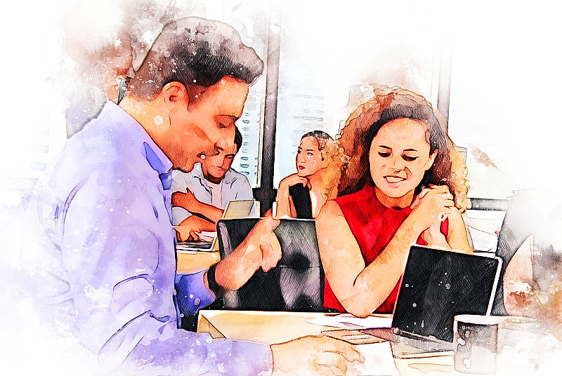 抽象的商人在办公室工作和聊天的朋友在水彩画插画的背景。