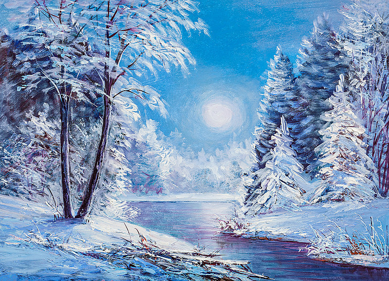 有河的圣诞森林。油画风景。