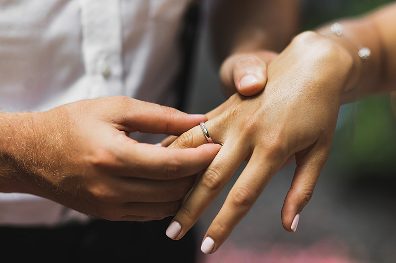 男人戴着结婚戒指在女人手上靠近。爱和承诺的象征。婚礼誓言。