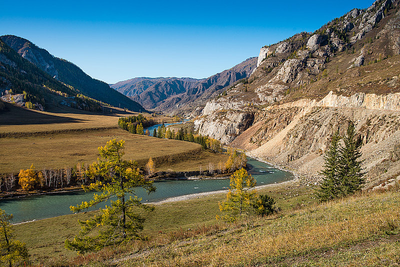 美丽的楚亚河谷是俄罗斯阿尔泰共和国。沿着楚雅河的一条山路。