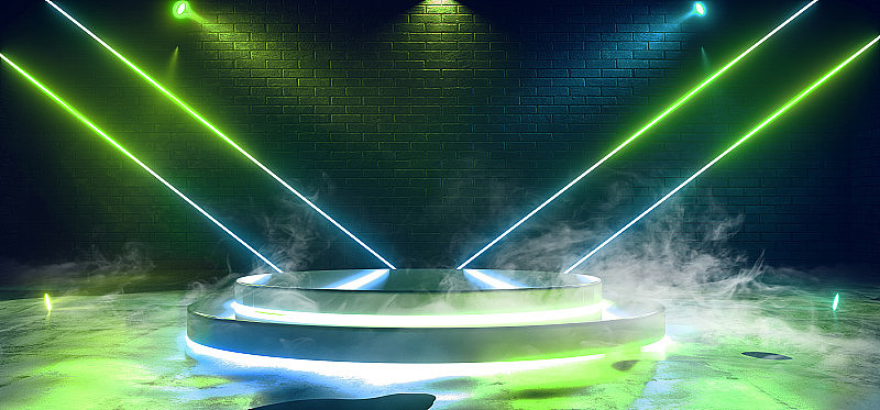 烟雾氖激光绿色蓝色发光线聚光灯在舞台俱乐部舞池台上走秀讲台黑暗的夜晚混凝土砖垃圾背景3D渲染