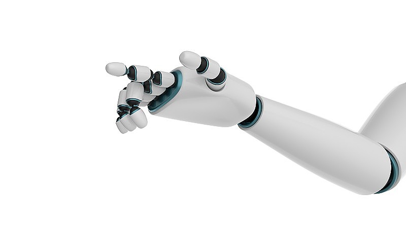机器人手臂伸出手指。机器人手臂。孤立在白色背景上。3 d渲染。
