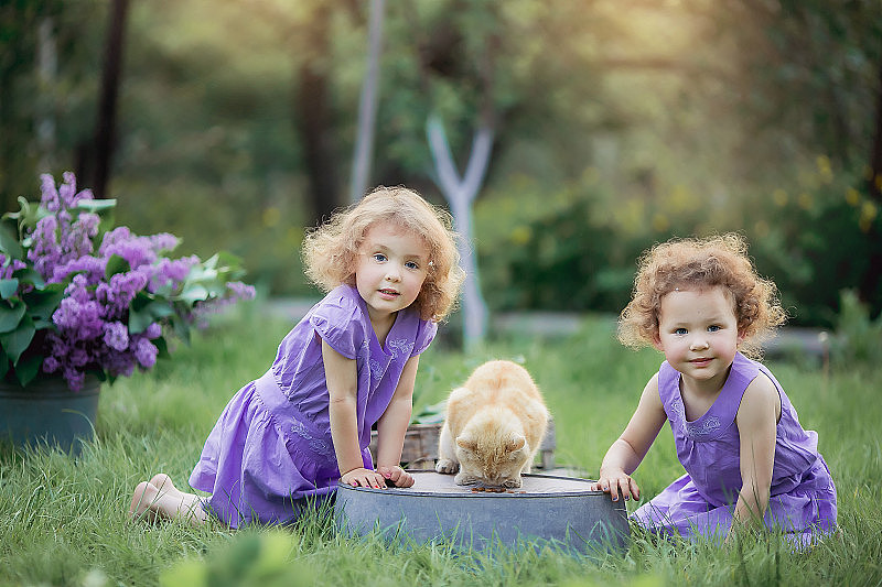 两个双胞胎女孩在后院和一只猫玩