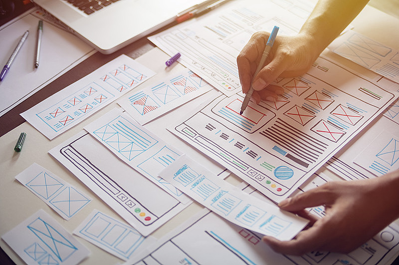 网站设计师创意规划应用开发者开发草图草图模板布局原型框架线框设计工作室。用户体验概念。