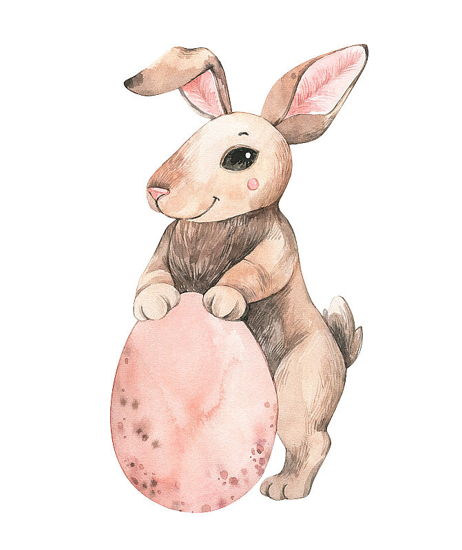 复活节快乐。可爱的兔子和复活节彩蛋。长耳朵的兔子性格。水彩植物插图。完美的邀请，贺卡，海报，包装