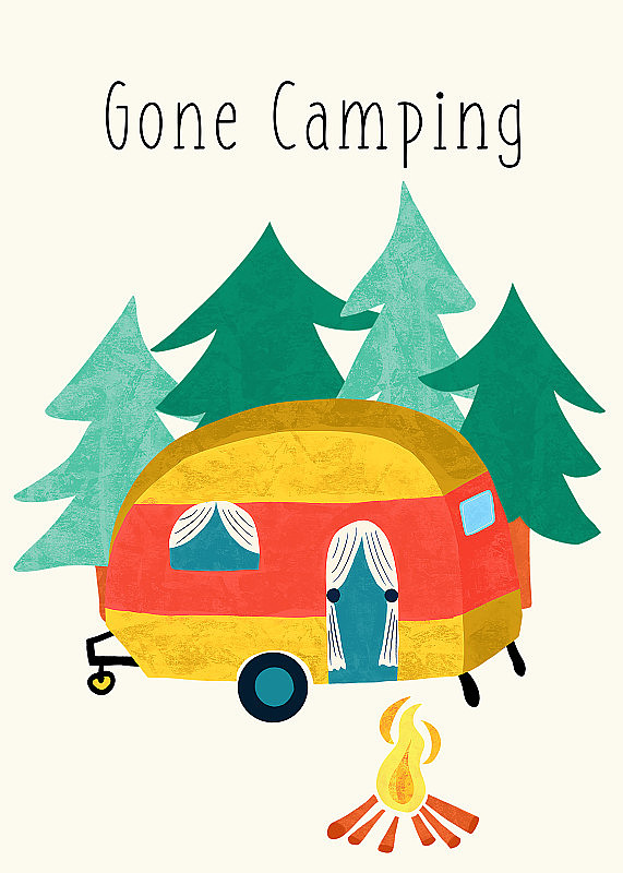 去露营的贺卡。黄色野营拖车复古风格。带露营车和篝火的夏季旅游度假设计。可爱的夏季旅游概念。
