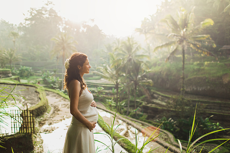 早晨的阳光下，年轻的孕妇穿着白色连衣裙，看着巴厘岛的梯田。与自然和谐。怀孕的概念。