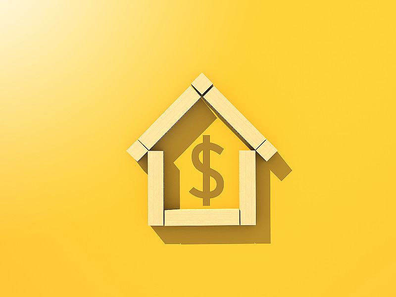 3D插图房地产，房地产投资和金融房子抵押房子象征木块与美元金钱签字在黄色的纸背景