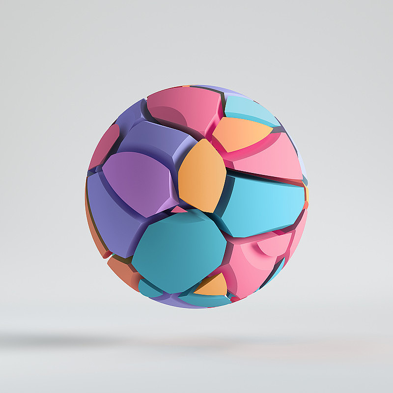 数据，三维渲染，抽象彩色随机马赛克块，破碎的球，破碎的球体表面。蓝、紫、粉、橙元素。分割几何物体，孤立在白色背景上