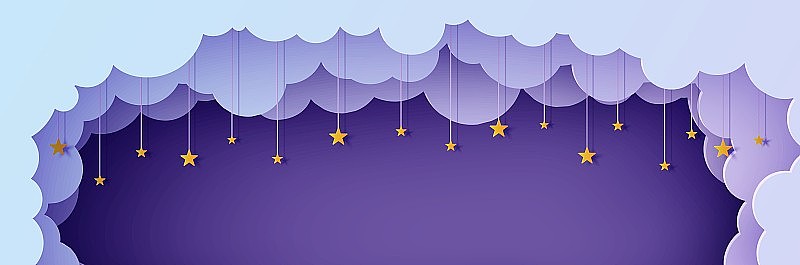 夜晚的天空云彩与星星在绳子上剪纸风格。剪出3d背景与紫蓝色渐变云景观剪纸艺术。向量卡为祝愿晚安甜甜的梦。