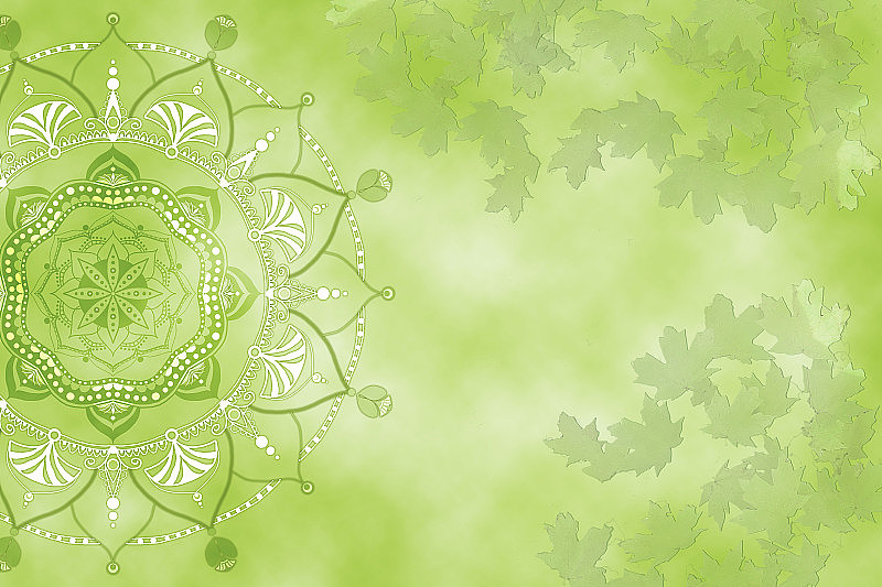 曼荼罗-手绘曼海蒂图案和树叶在浅绿色水彩背景-复制空间