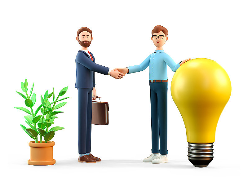 创业概念和资金协议的3D插图。拿着大灯泡的男人和拿着公文包的商人握手。商业投资搜索和创造新的创新想法。