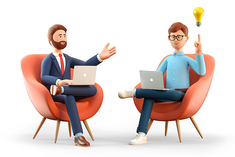 三维插图的创业概念和业务协议。两个拿着笔记本电脑的男人，坐在扶手椅上，创造新的创新想法。头顶有灯泡的卡通人物和投资商人。
