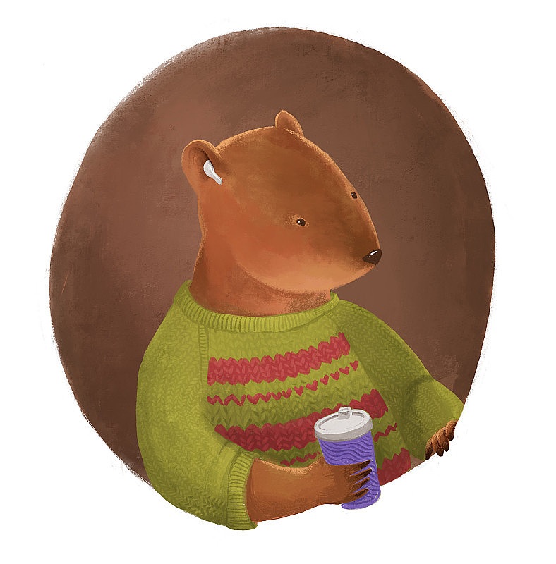 数码插图。海狸的肖像在毛衣与耳机和一杯饮料。