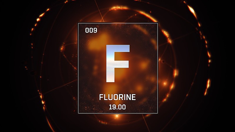 氟作为元素周期表的9号元素的三维动画在橙色背景上