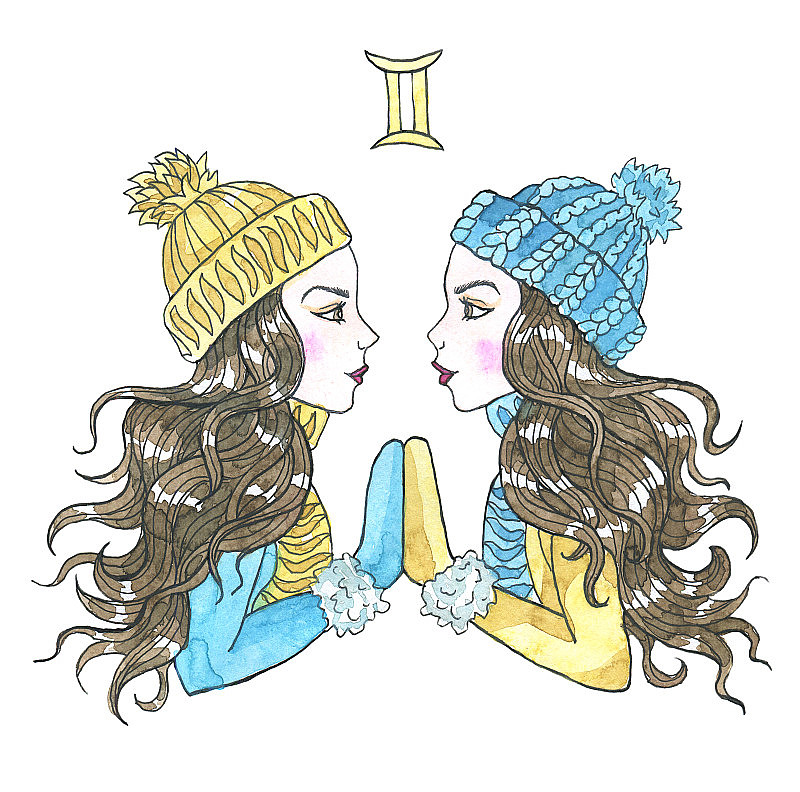 双子星座的象征。两个漂亮的双胞胎女孩戴着冬天的帽子，围巾和手套孤立在白色。