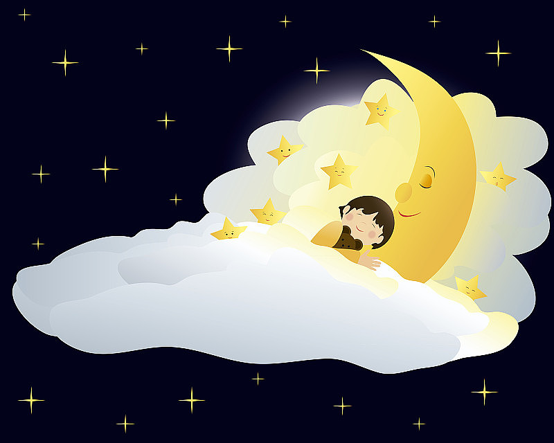 小男孩在月亮上睡觉。