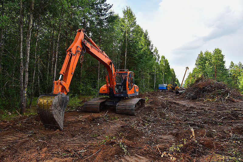 挖掘机清理森林新开发。橙色挖土机改良林业工作