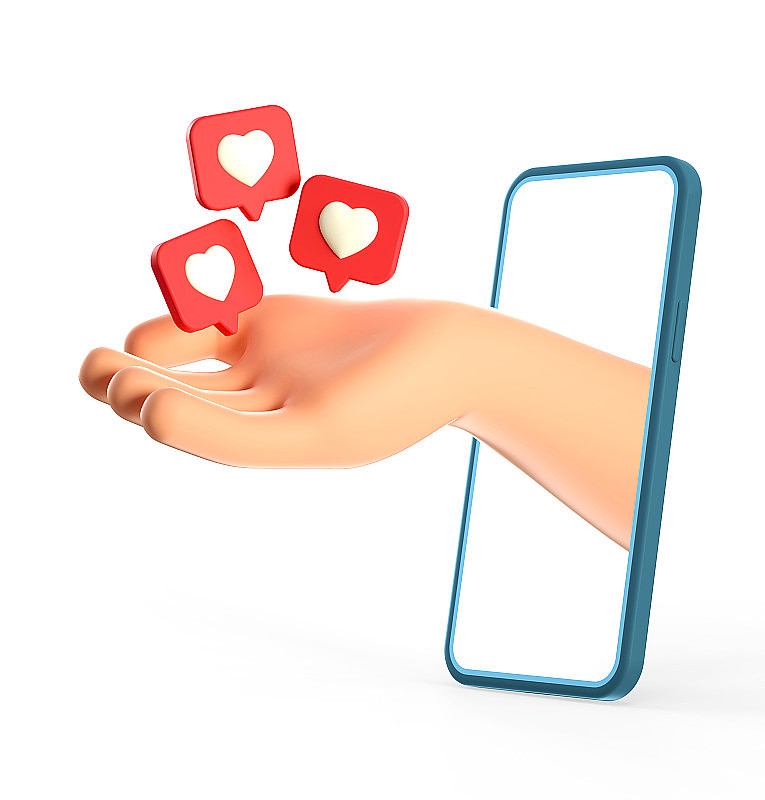 通过智能手机屏幕，卡通人物的手伸出来就像红色大头针上的心形图标。社交媒体概念，就像通知在手掌上飞来飞去。