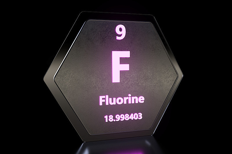 氟- F -化学元素用原子序数和原子量表示。元素周期表中的化学元素。分子与通信背景。紫色发光的文本。3 d渲染插图。
