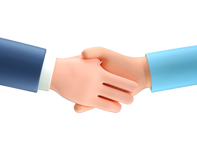 3D演示的业务握手。卡通人物握手。成功的协议，交易概念，合同伙伴关系。