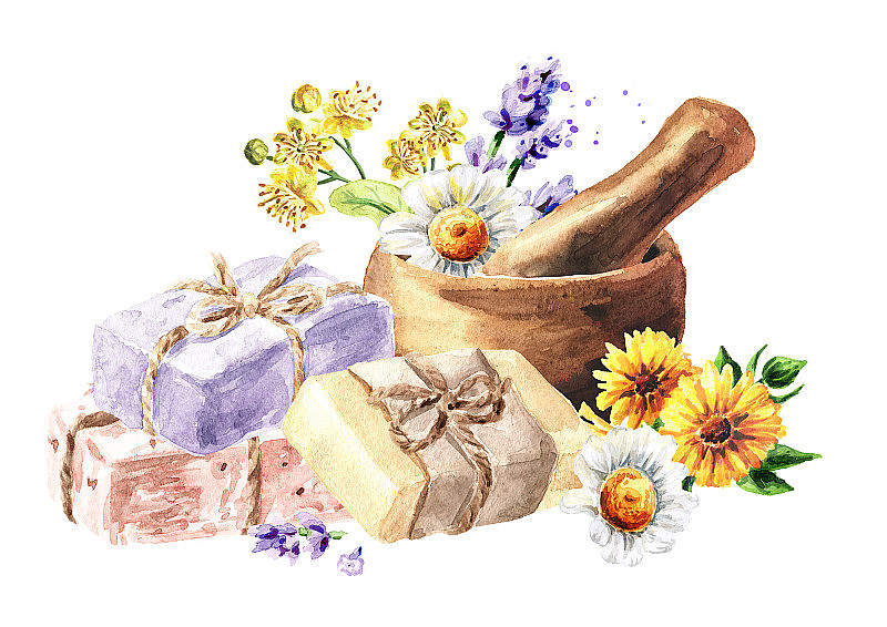 天然手工草药皂。水彩手绘插图，孤立的白色背景