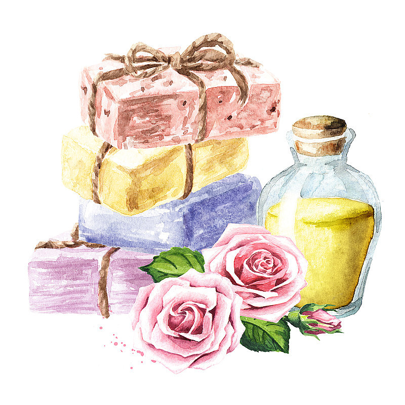 天然手工香皂，含精油和玫瑰花。水彩手绘插图，孤立的白色背景