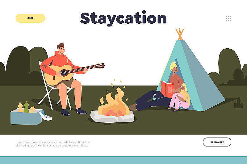 宅度假和家庭露营的概念登陆页与家人在后院一起露营