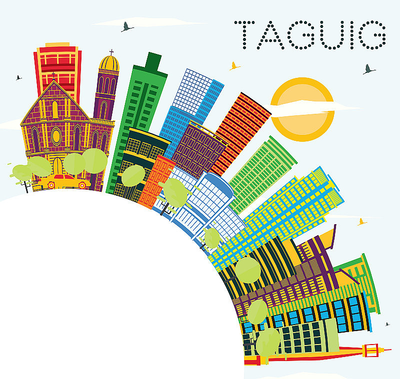 菲律宾塔圭市天际线与彩色建筑，蓝天和复制空间。
