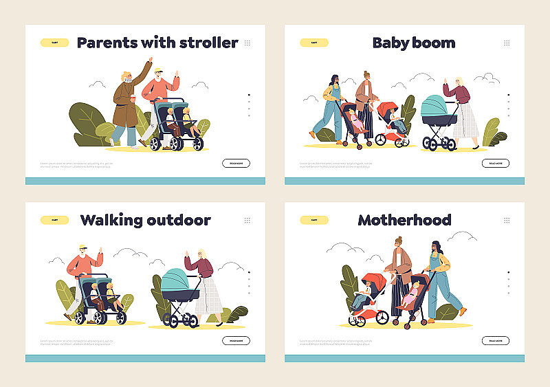 父母和婴儿在婴儿车户外概念登陆页与快乐的妈妈，爸爸和小孩