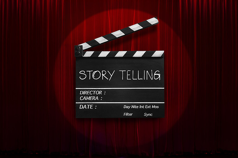 故事讲述，文本标题在电影拍板或电影石板和戏剧幕背景。
