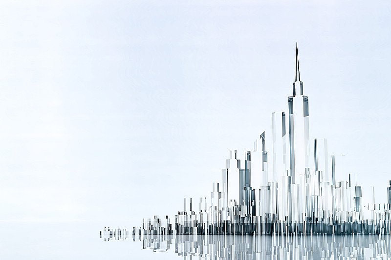 d渲染。 抽象的未来主义玻璃城市或建筑在白色背景上与光。设计师的未来技术概念。3
