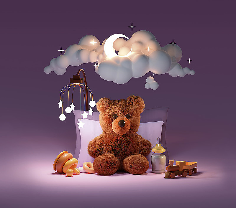毛茸茸的泰迪熊宝宝在月亮和星星下睡觉