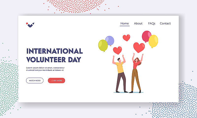 国际志愿者日登陆页面模板。志愿者男女角色用心形和气球庆祝