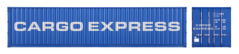 蓝色大型海运货物集装箱与货物快递字母在正面和侧面视图孤立的白色背景。运输船舶交付物流和货运概念。