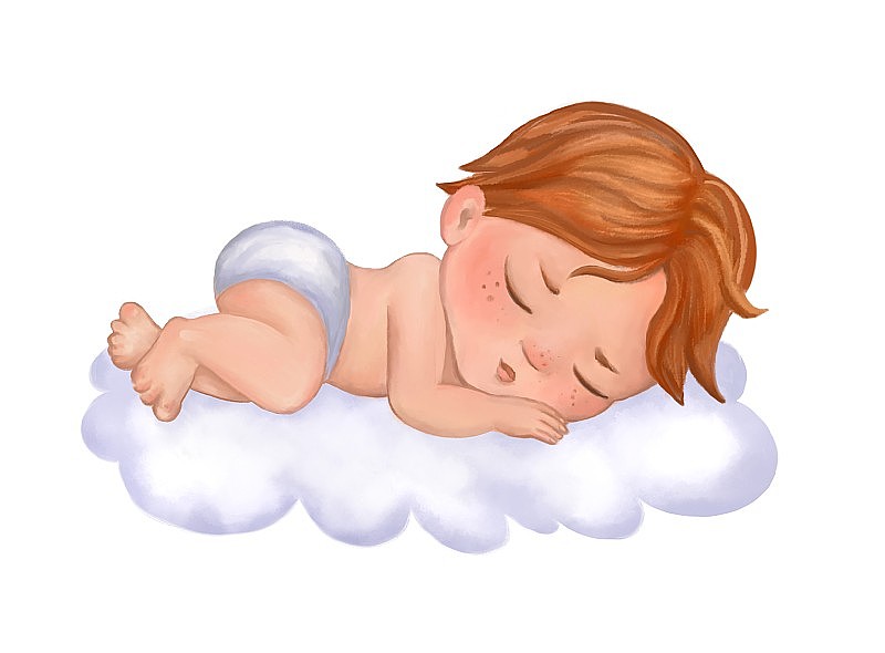 可爱的宝宝睡在云上。水彩卡通插图的红头发男婴在蓝色。