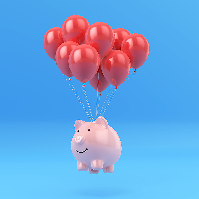 3d渲染飞行与气球小猪银行在蓝色背景的股票照片
