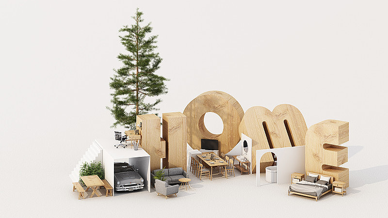在家庭字母表形状的等距家庭办公室，在家工作的概念，生活的目标，工作生活平衡与家具在日常生活中使用。在白色和木材色调，3D渲染和插图。