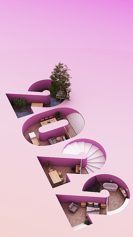 2022年等距家庭办公字母表形状，在家工作的概念，生活的目标，工作生活平衡与日常生活中使用的家具。在紫色和木材色调，3D渲染和插图。