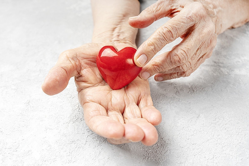照顾老人的概念，用皱起的双手捧着红红的心。