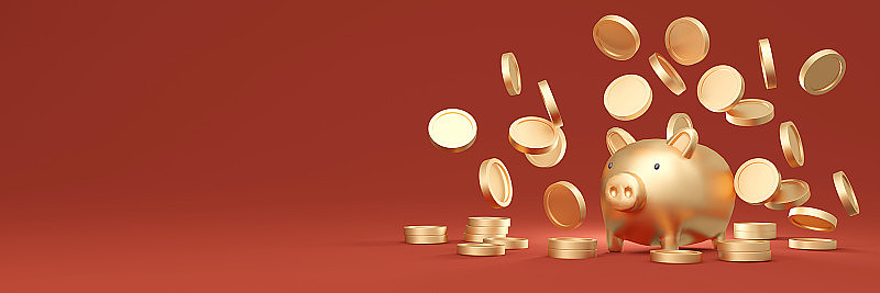 3D渲染金储蓄罐与许多金币飞行在银行周围的红色背景商业设计。3 d渲染插图。