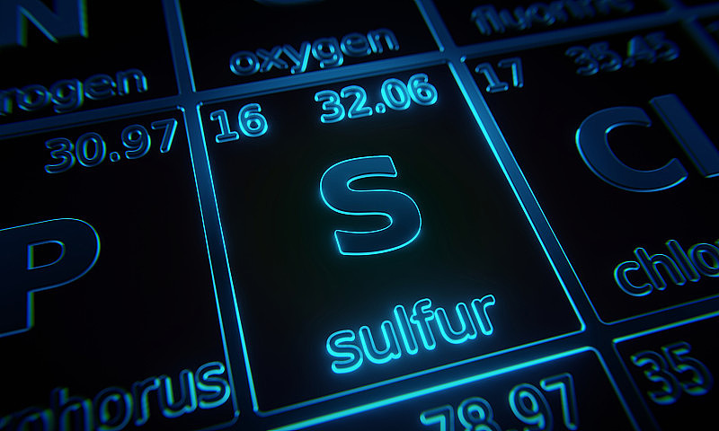重点研究元素周期表中的化学元素硫照明。三维渲染