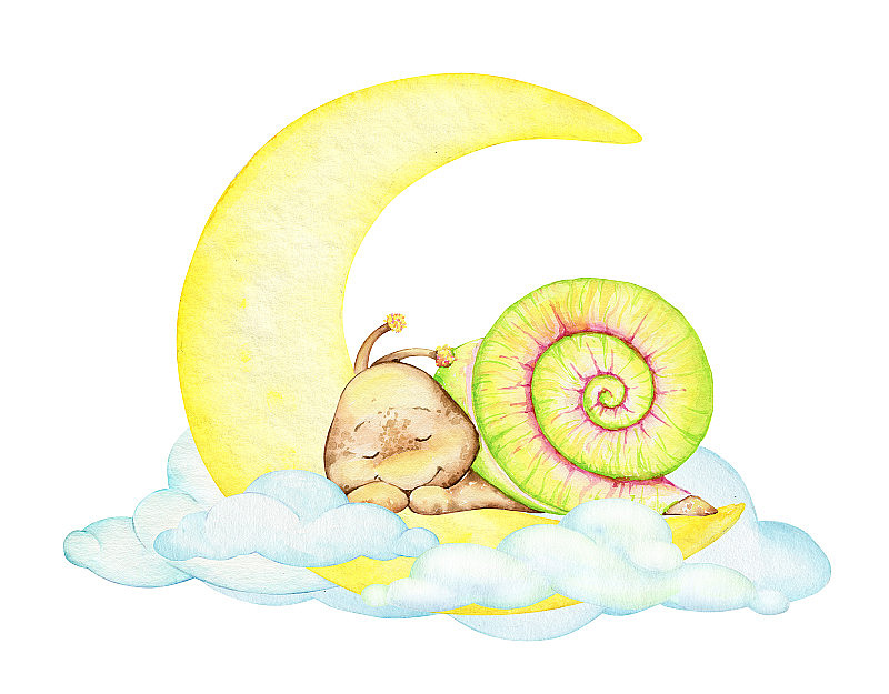 可爱的蜗牛，睡在月亮上，背靠着云。在一个孤立的背景上，卡通风格的水彩概念。