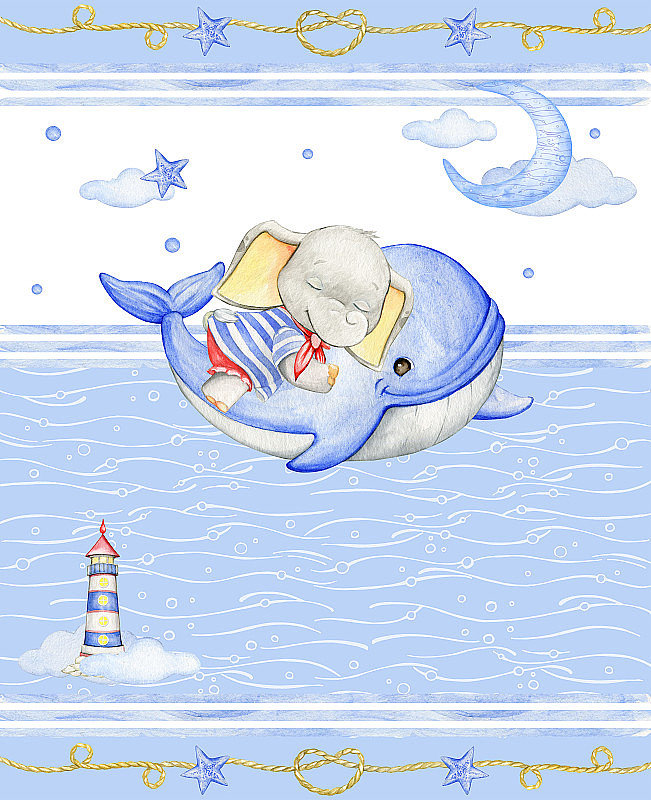 可爱的小象，睡觉，在鲸鱼上，月亮，云，灯塔。卡通风格的水彩音乐会，在一个孤立的背景。